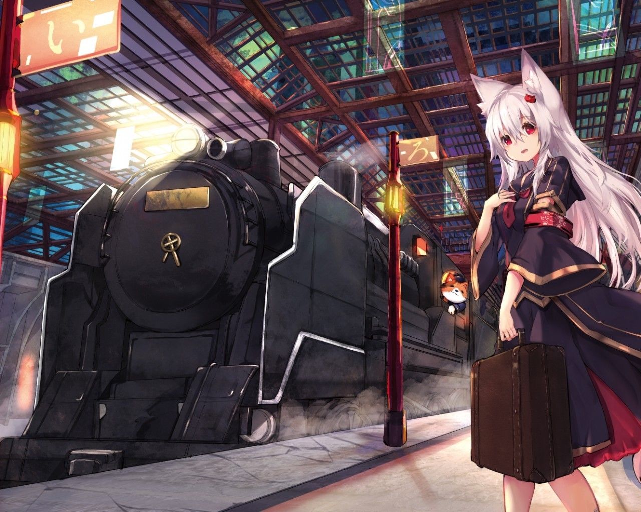 Download 1280x1024 Anime Fox Girl, Animal Ears, Train Station, Red
