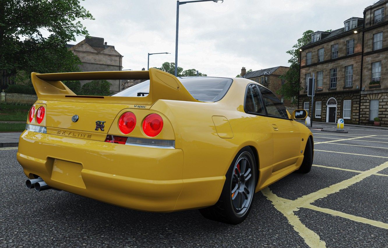 Wallpapers nissan, road, yellow, nissan skyline, england, forza.