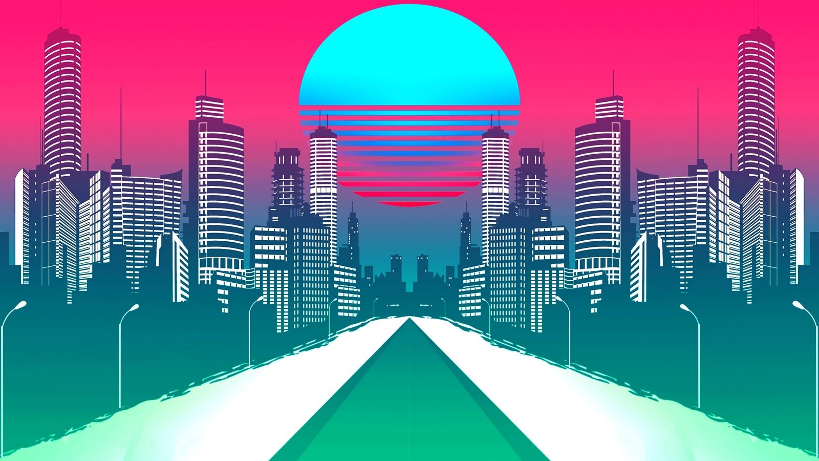 Download wallpaper 1600x900 city, art, retrowave, synthwave, retro
