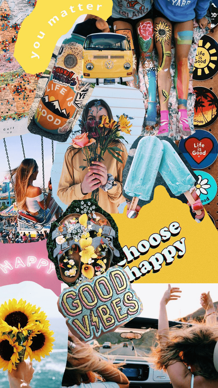 happy vibes.. insta, collagesbyabby. Hippie wallpaper, Collage