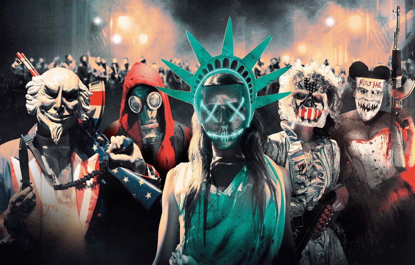 Wallpaper night, lights, weapons, people, fiction, mask, Thriller