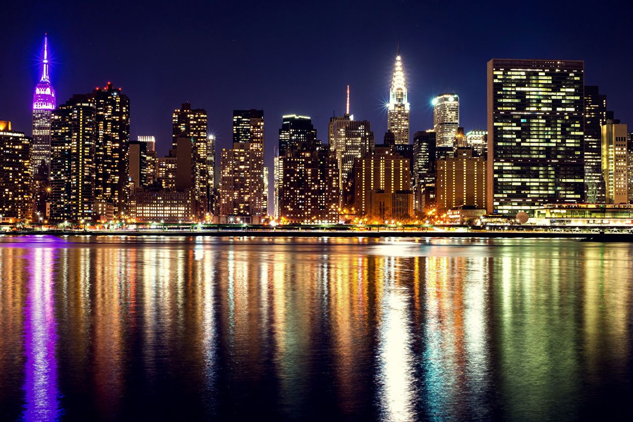 Desktop Wallpaper New York City USA Night Rivers Skyscrapers Cities