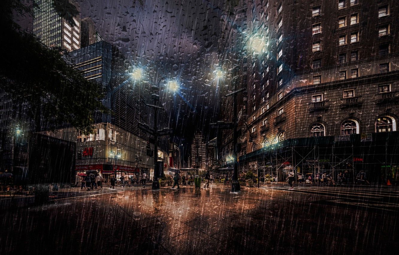 Wallpaper drops, night, rain, New York image for desktop, section
