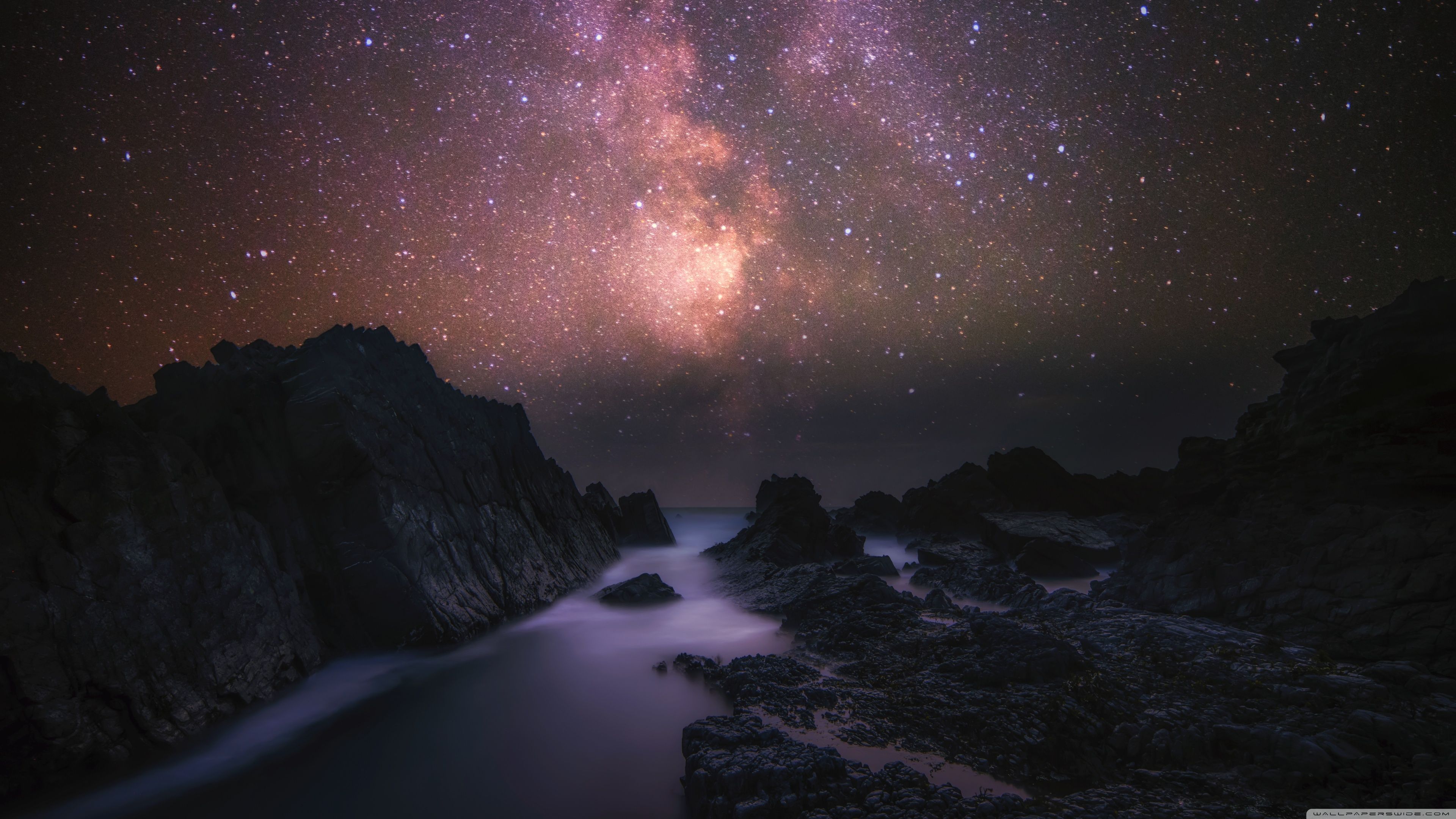 Sea, Rocks, Milky Way Galaxy, Night Sky Ultra HD Desktop