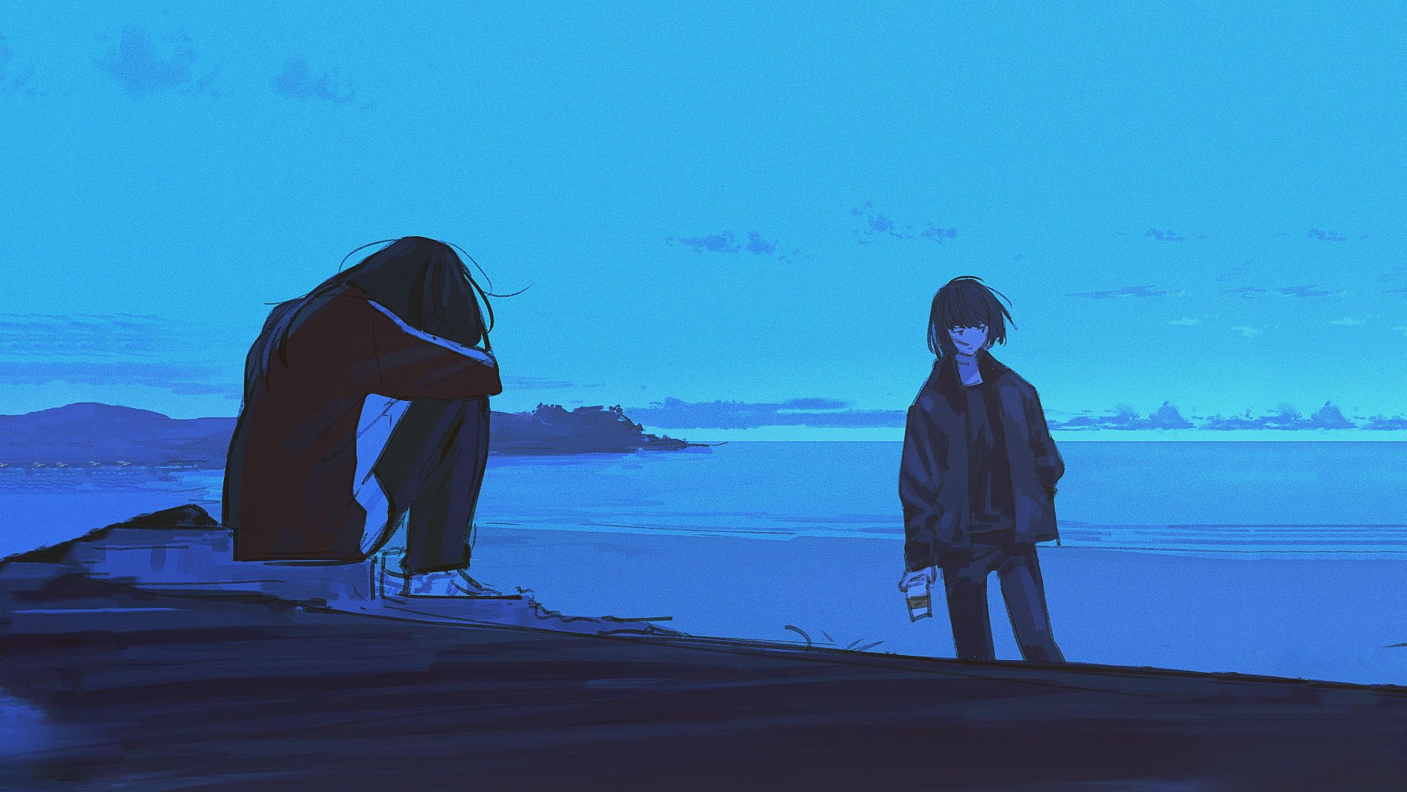 Female and male anime characters, beach, digital art, blue, sad HD