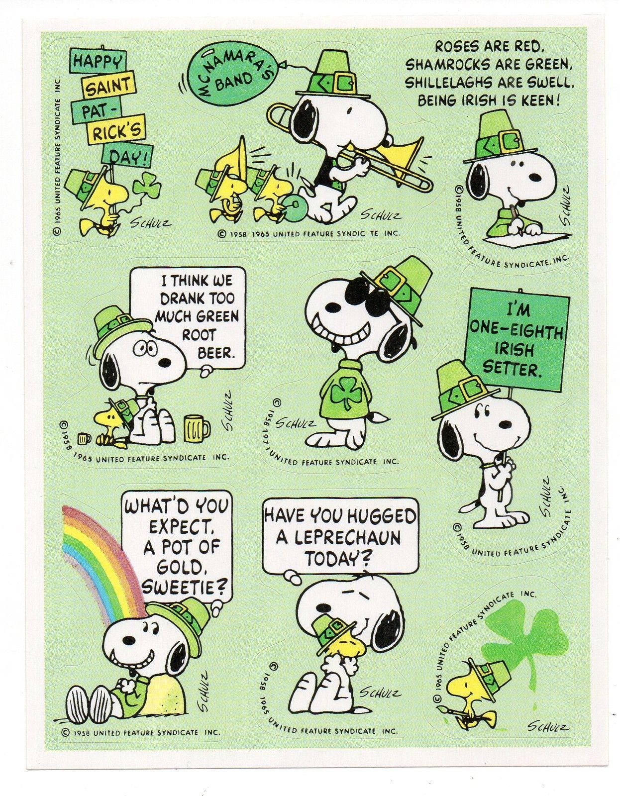 Vintage Hallmark Sticker, ST. PATRICK'S DAY SNOOPY PEANUTS 1 Sheet