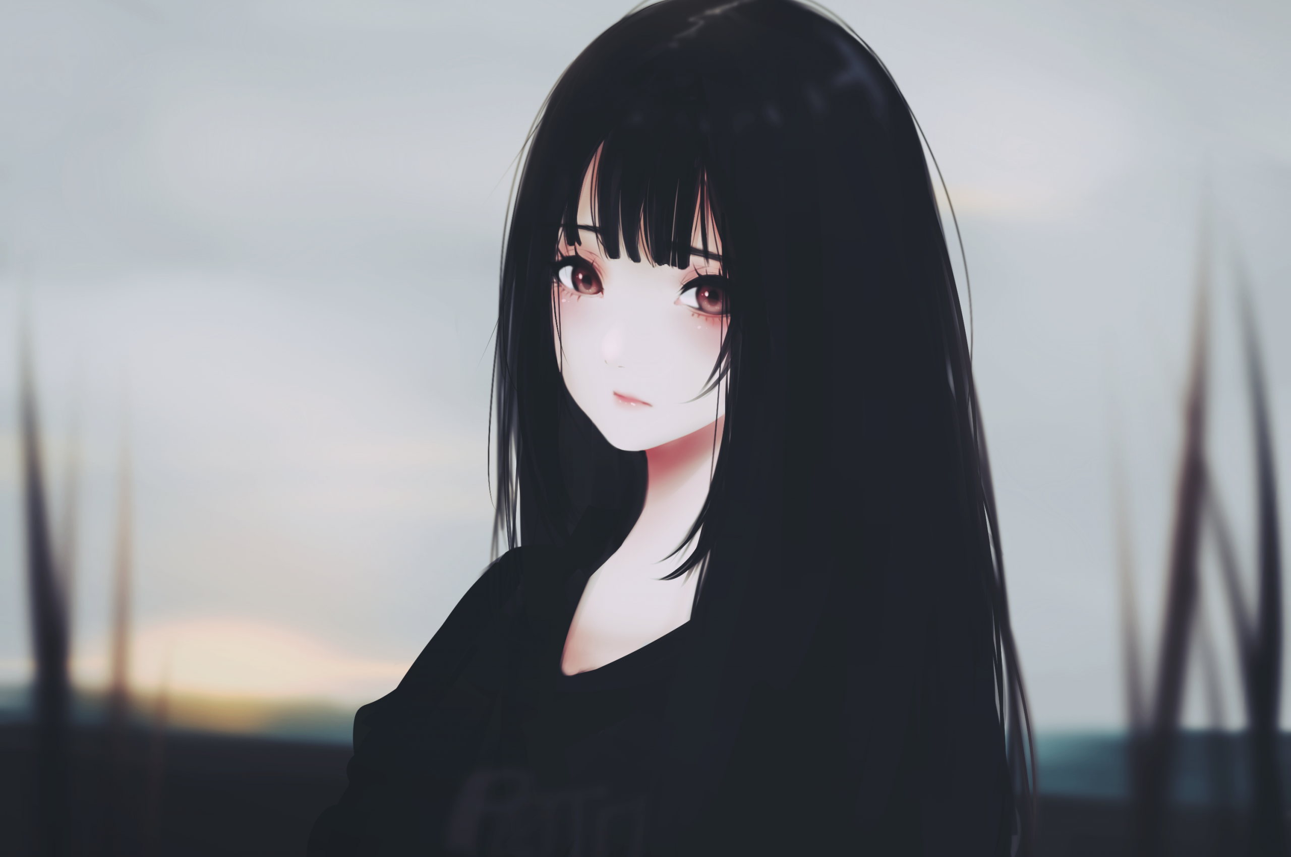 Download 2560x1700 Anime Girl, Black Hair, Sad Expression, Semi