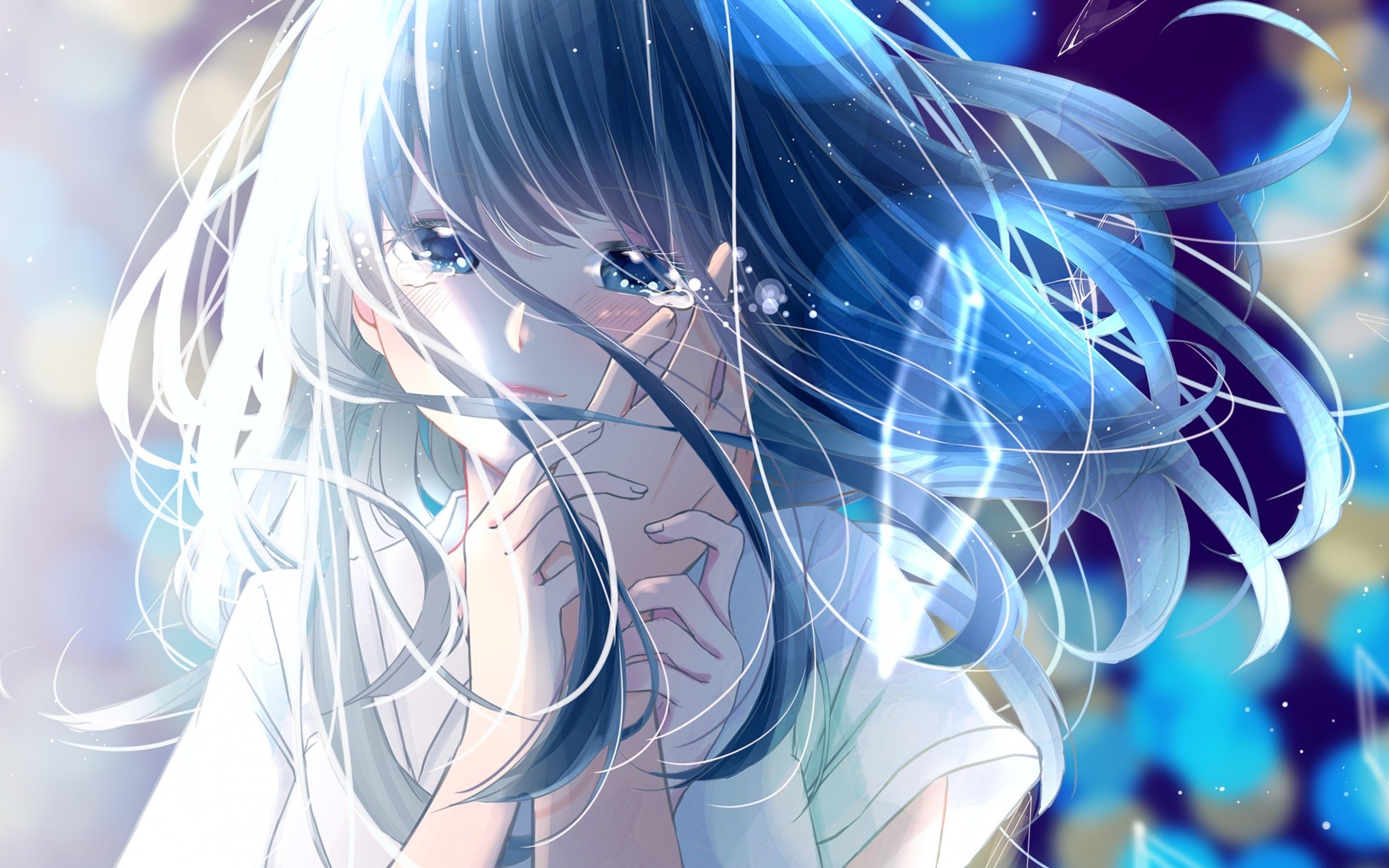 Download 2880x1800 Anime Girl, Tears, Romance, Hand, Blue Hair