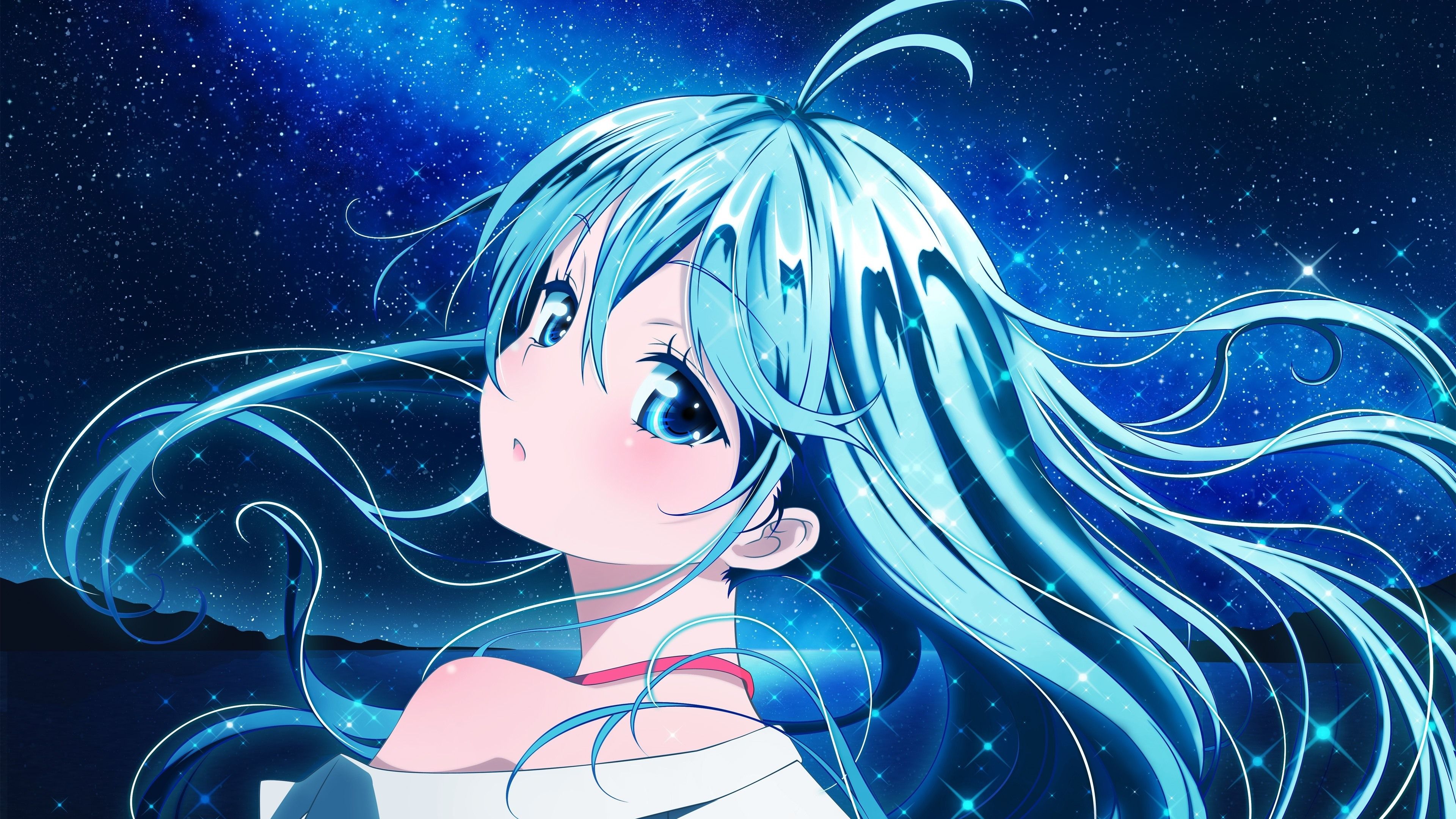 Wallpaper Blue hair anime girl, starry, shine 3840x2160 UHD 4K