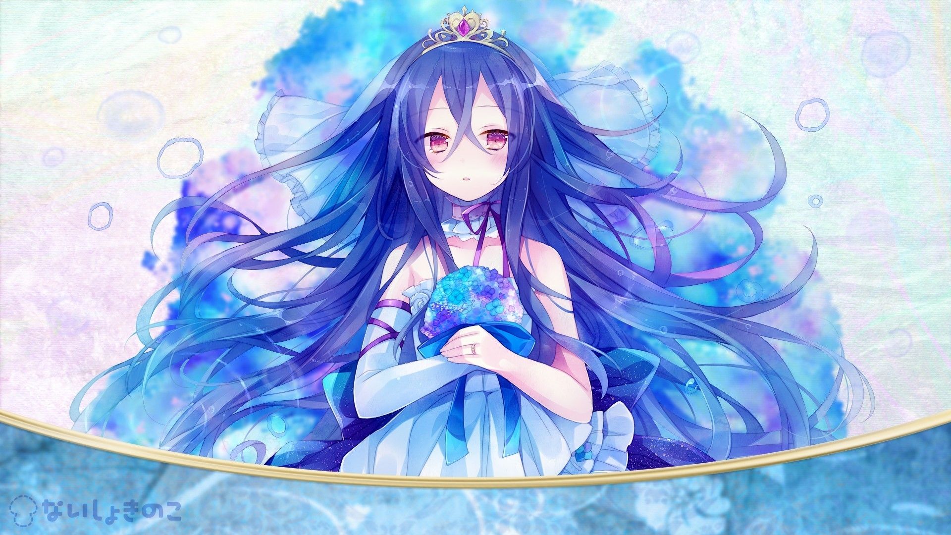 Blue dress flowers long hair blue hair red eyes anime girls tiaras