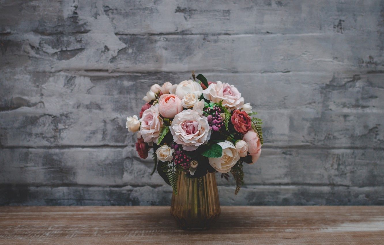 Wallpaper wallpaper, flowers, background, vase, bouquet, roses, 4k