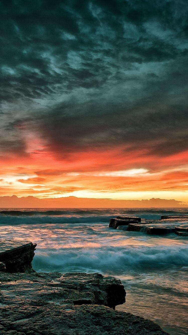 Dramatic Rocky Beach Shore Sunset iPhone 6 Wallpaper. Nature, Sky
