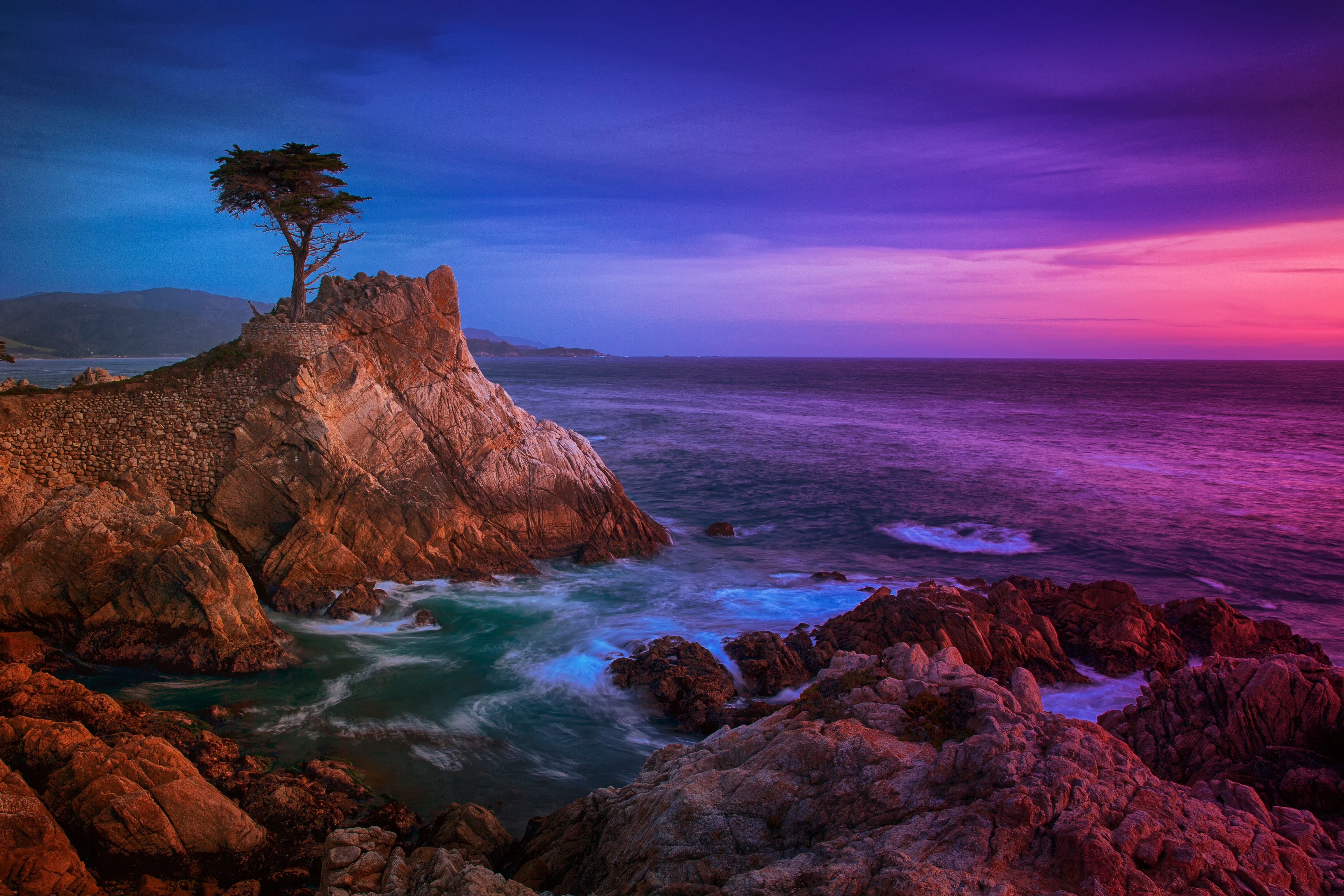 Rocky beach landscape during sunset, lone cypress HD wallpaper
