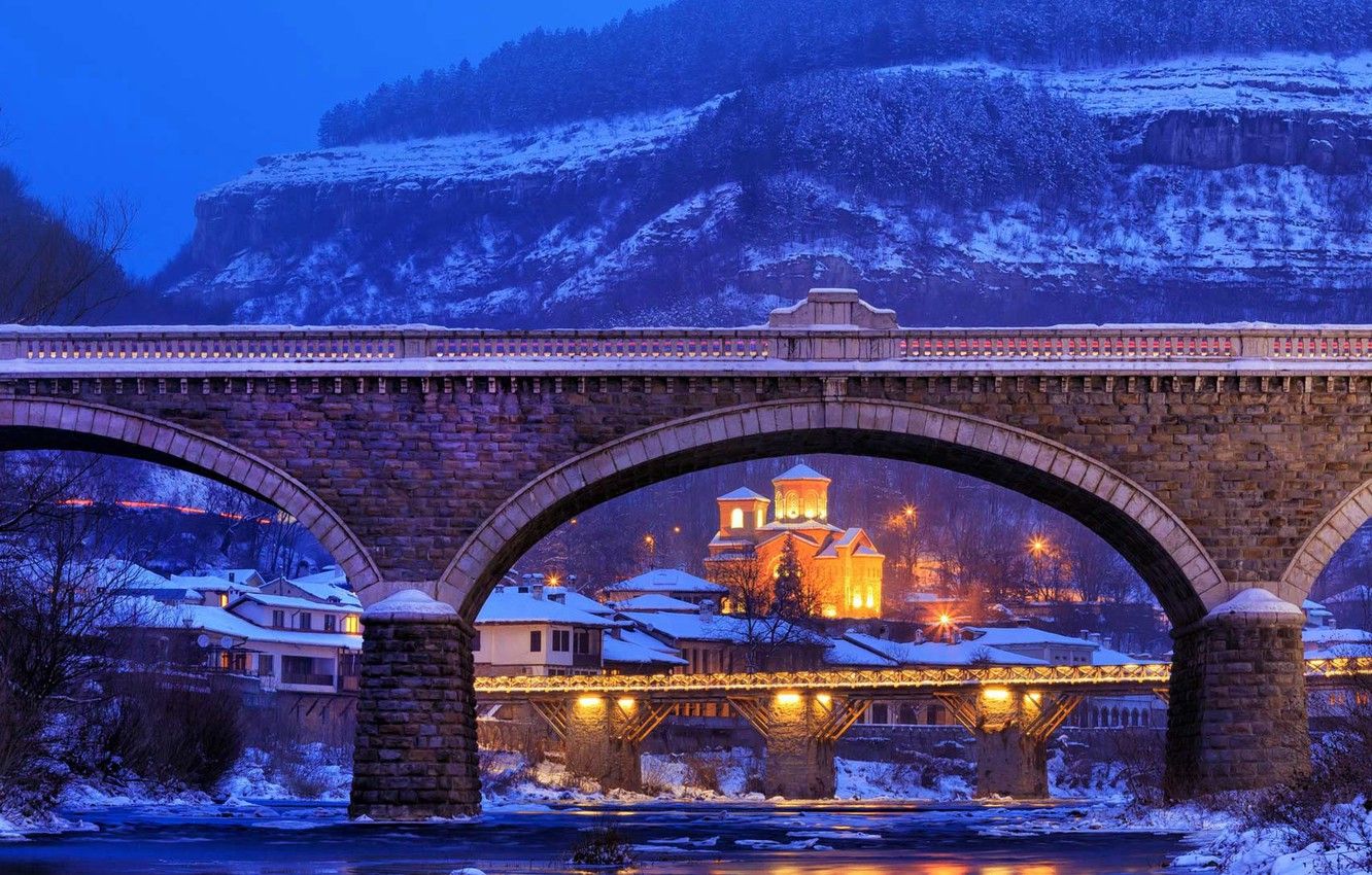 Wallpaper winter, mountains, bridge, lights, Church, Bulgaria