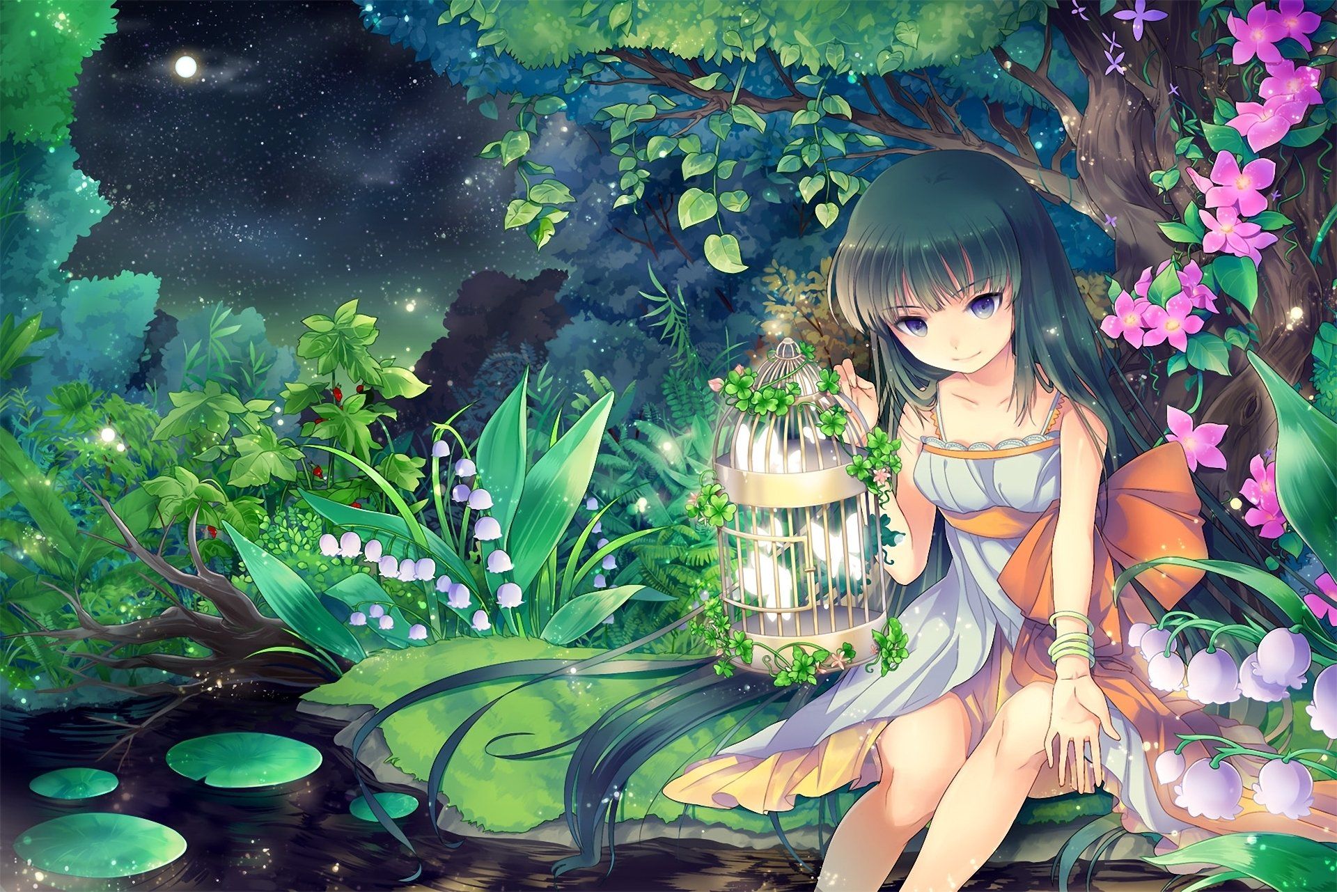 Anime Girl in Spring Forest HD Wallpaper. Background Image