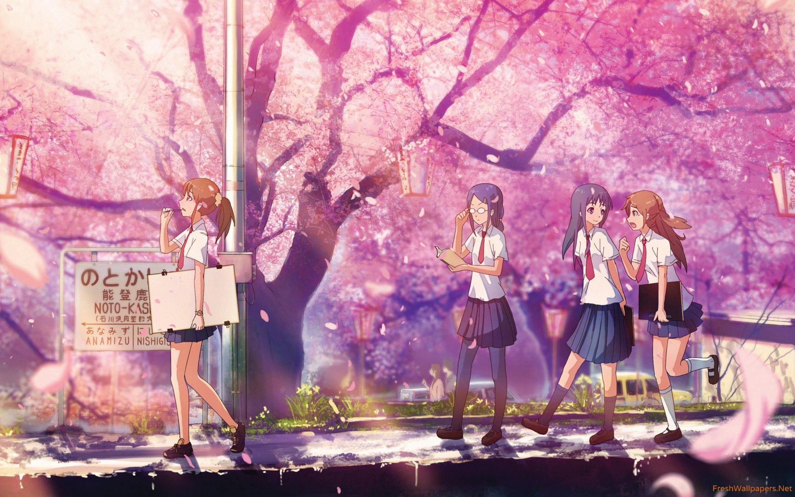 School Girls On A Spring Day Wallpaper Sakura Tree Drawing