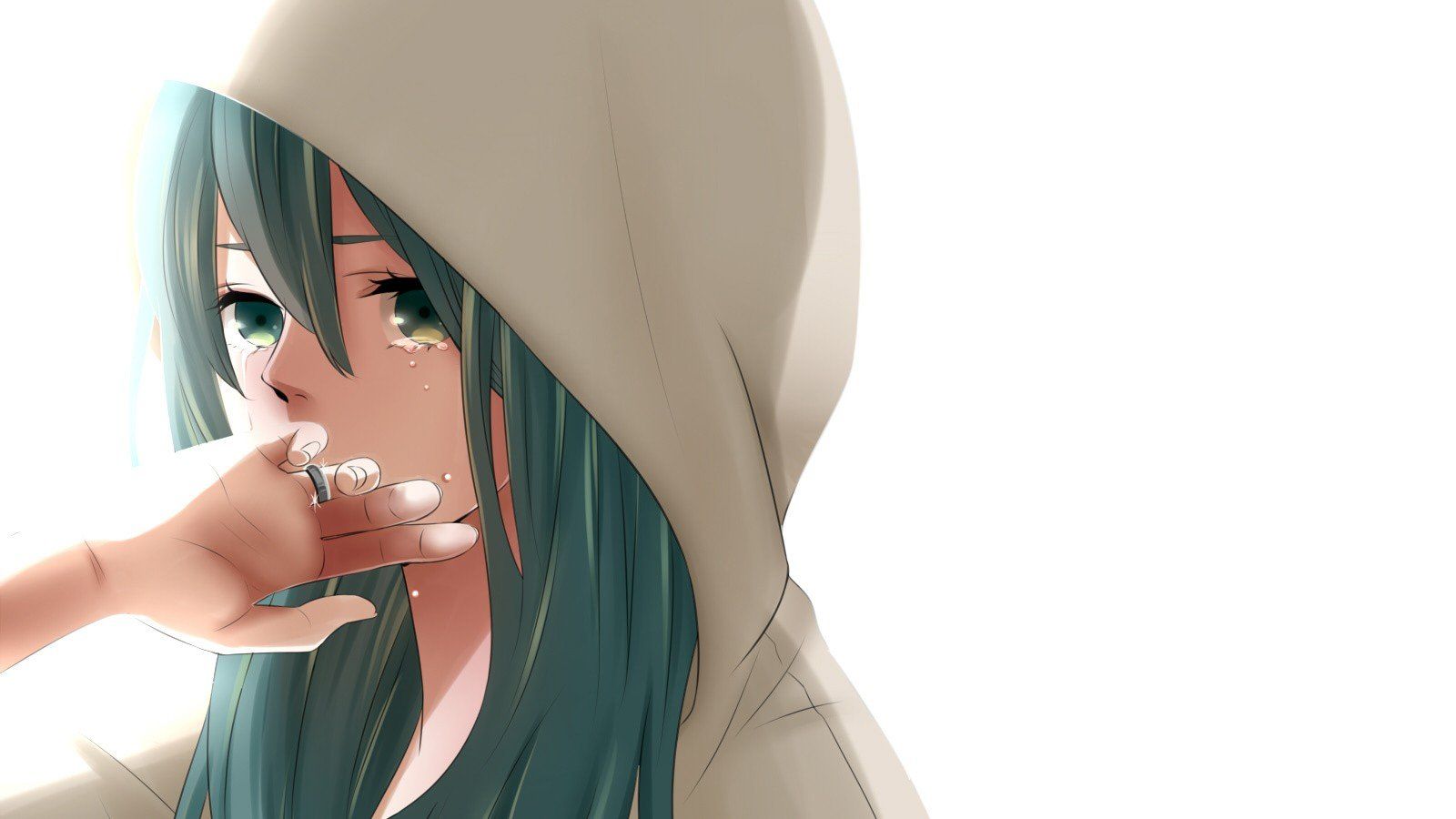 Vocaloid Hatsune Miku tears long hair rings green eyes green hair