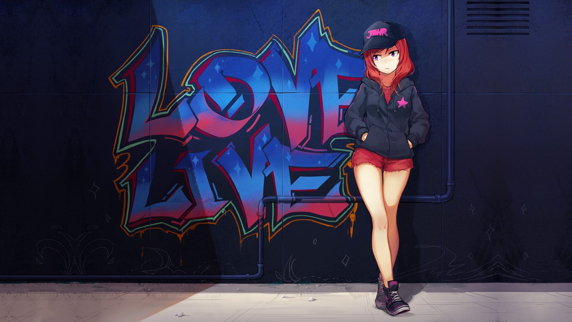 Woman wearing hoodie leaning on love live graffiti wallpapers