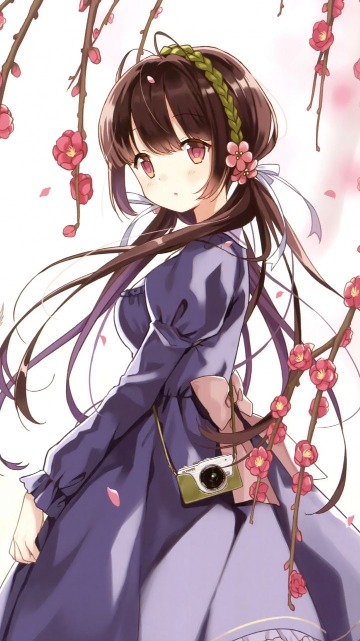 Pink eyes, blossom, outdoor, anime girl, 720x1280 wallpaper