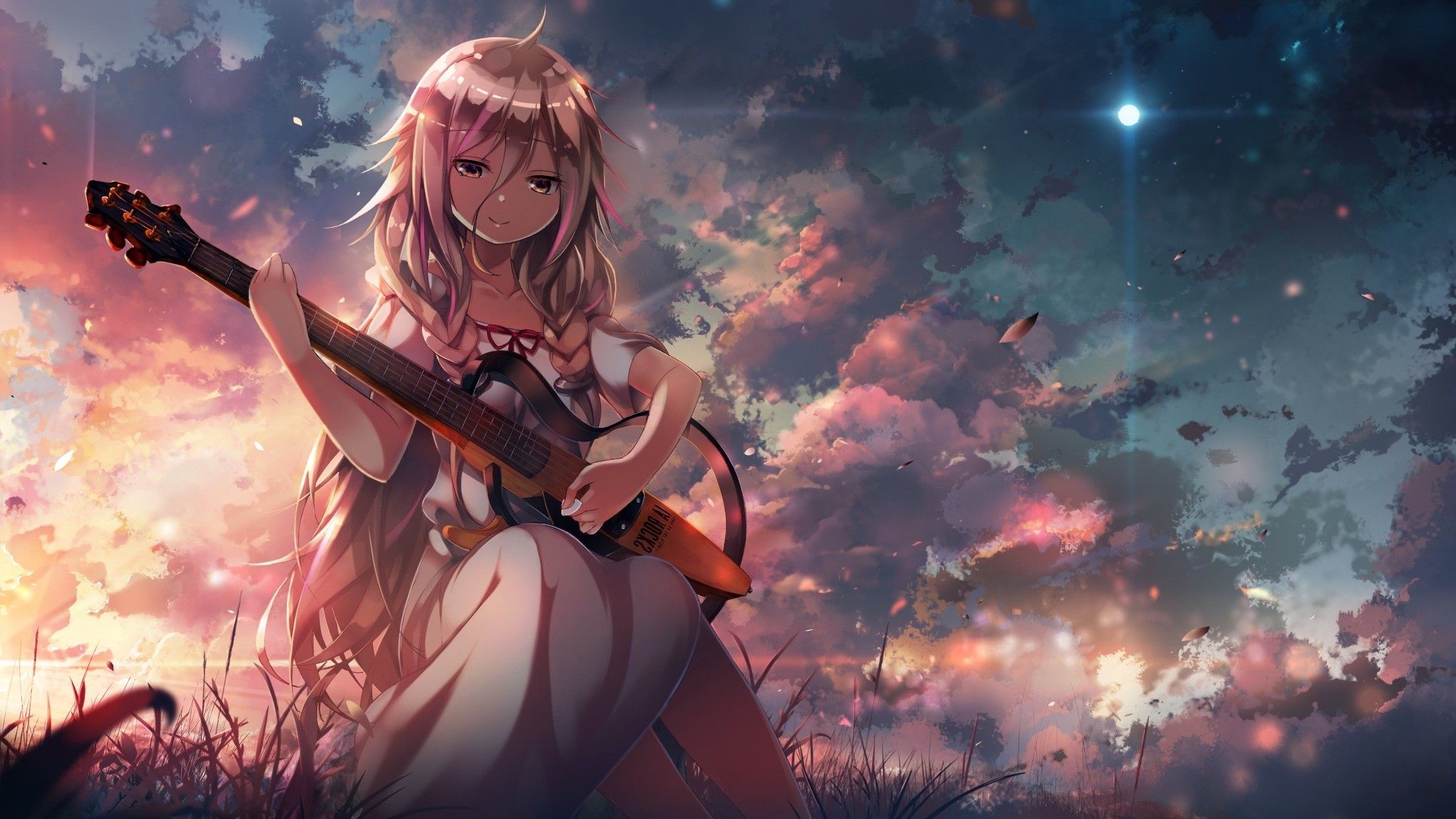 Vocaloid, Anime Girls, Guitar, IA (Vocaloid), Clouds, Grass, Sunset Wallpaper HD / Desktop and Mobile Background