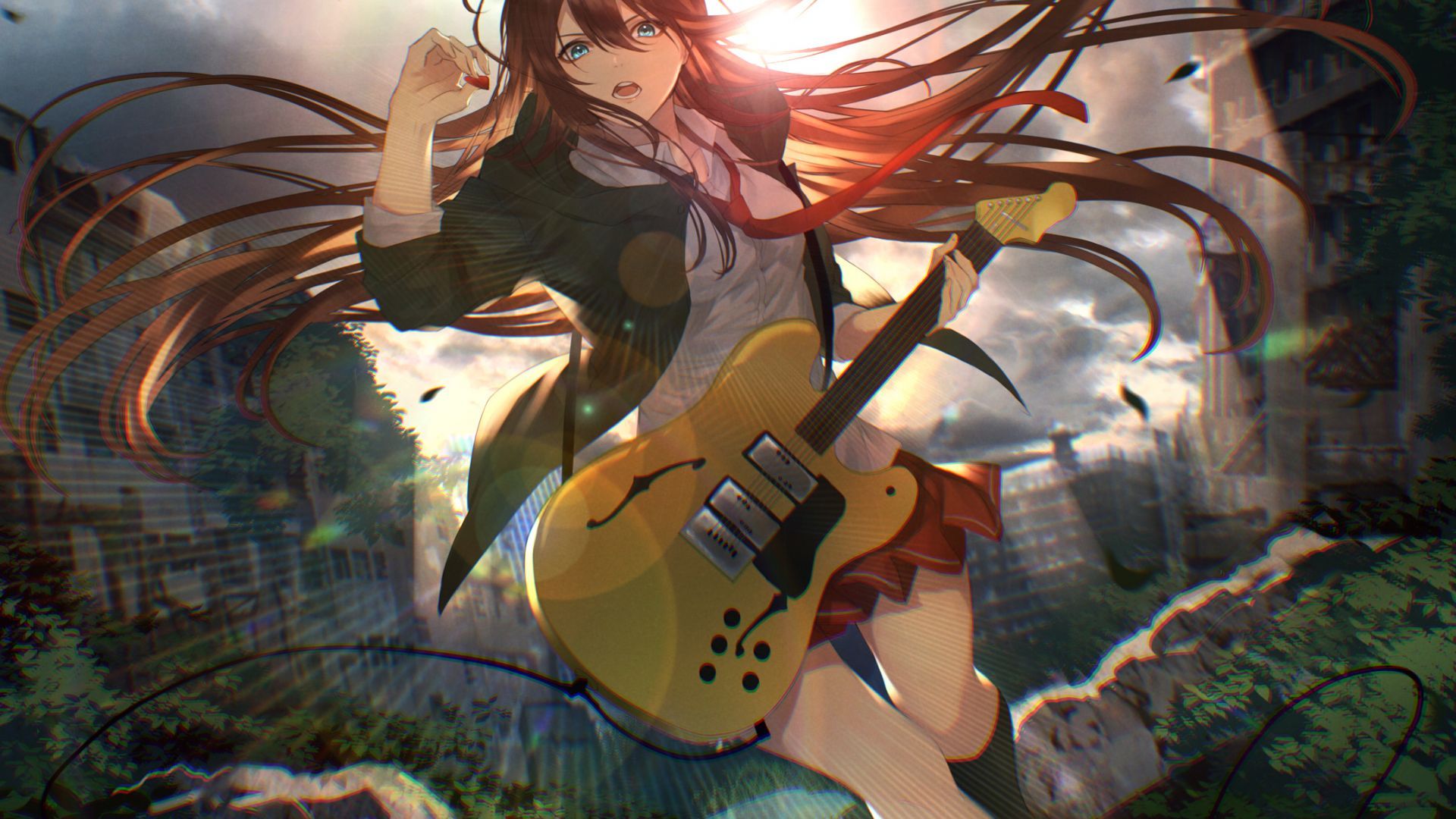 Desktop wallpaper guitar play, anime girl, HD image, picture