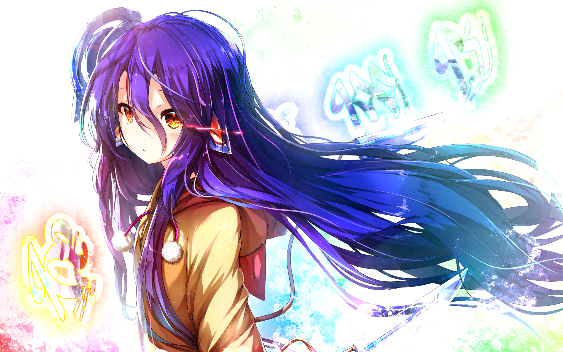 anime girl with purple hair and yellow eyes