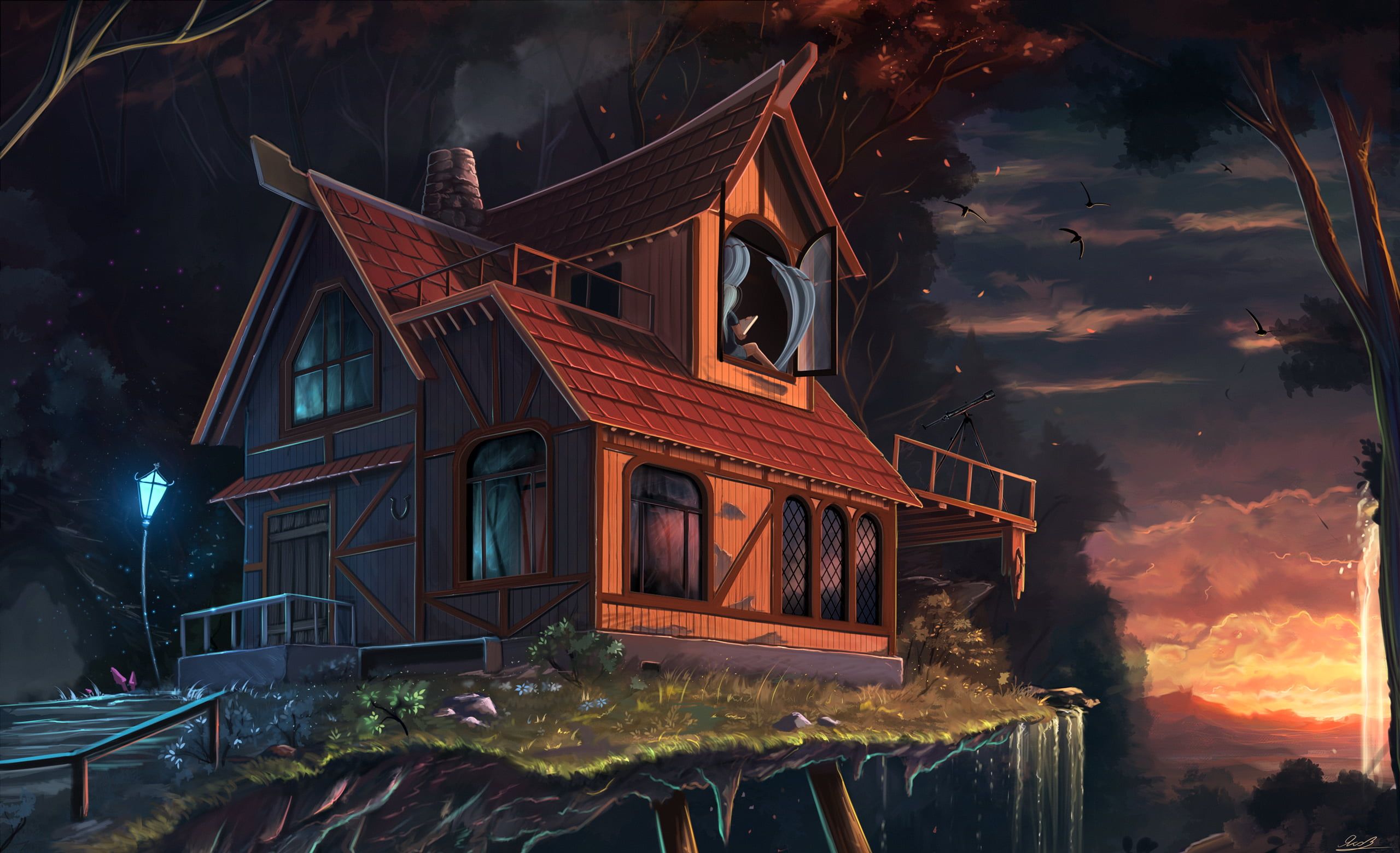 Brown wooden house illustration, fantasy art, drawing, cabin