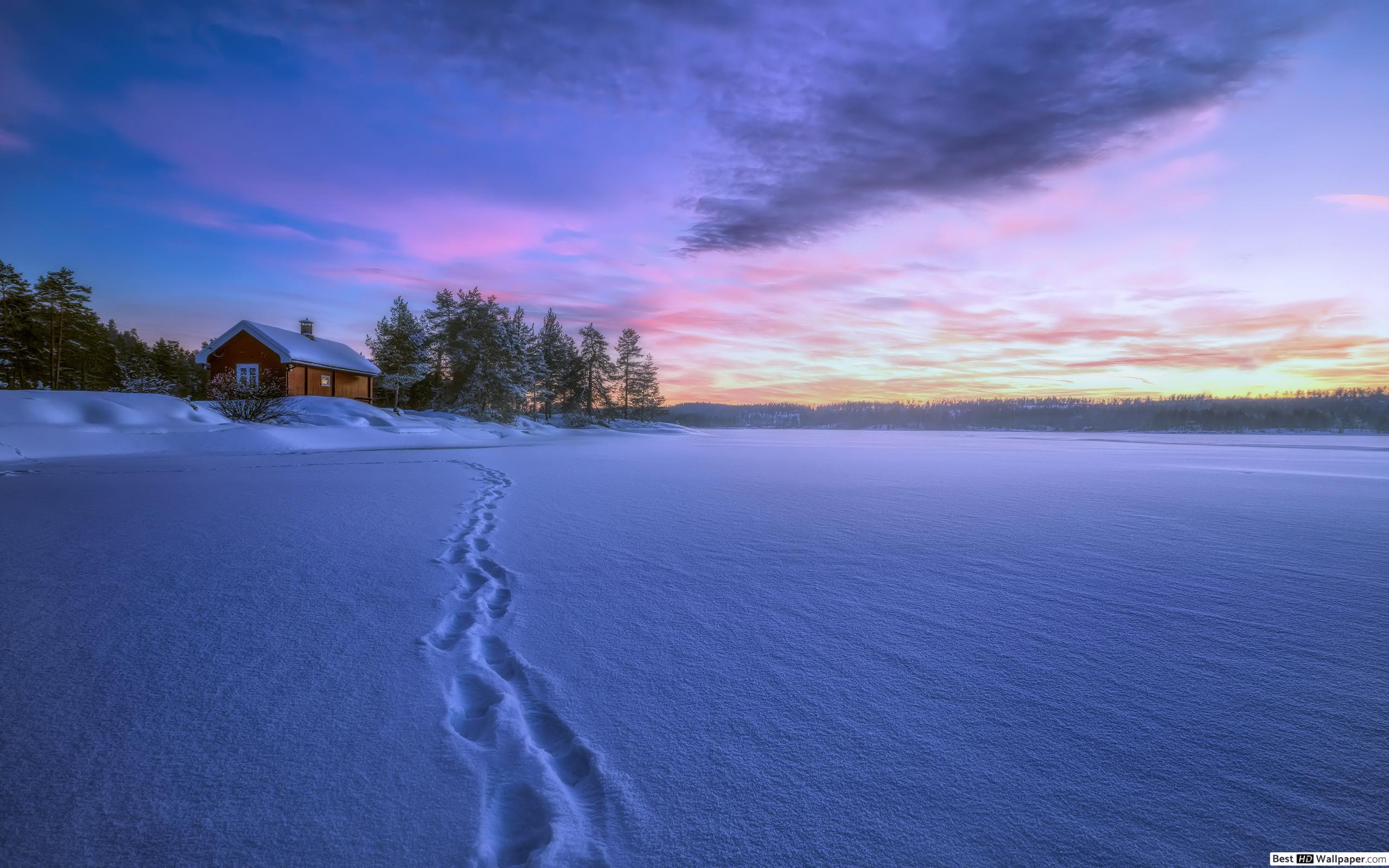 Winter Cabin and sunset HD wallpaper download