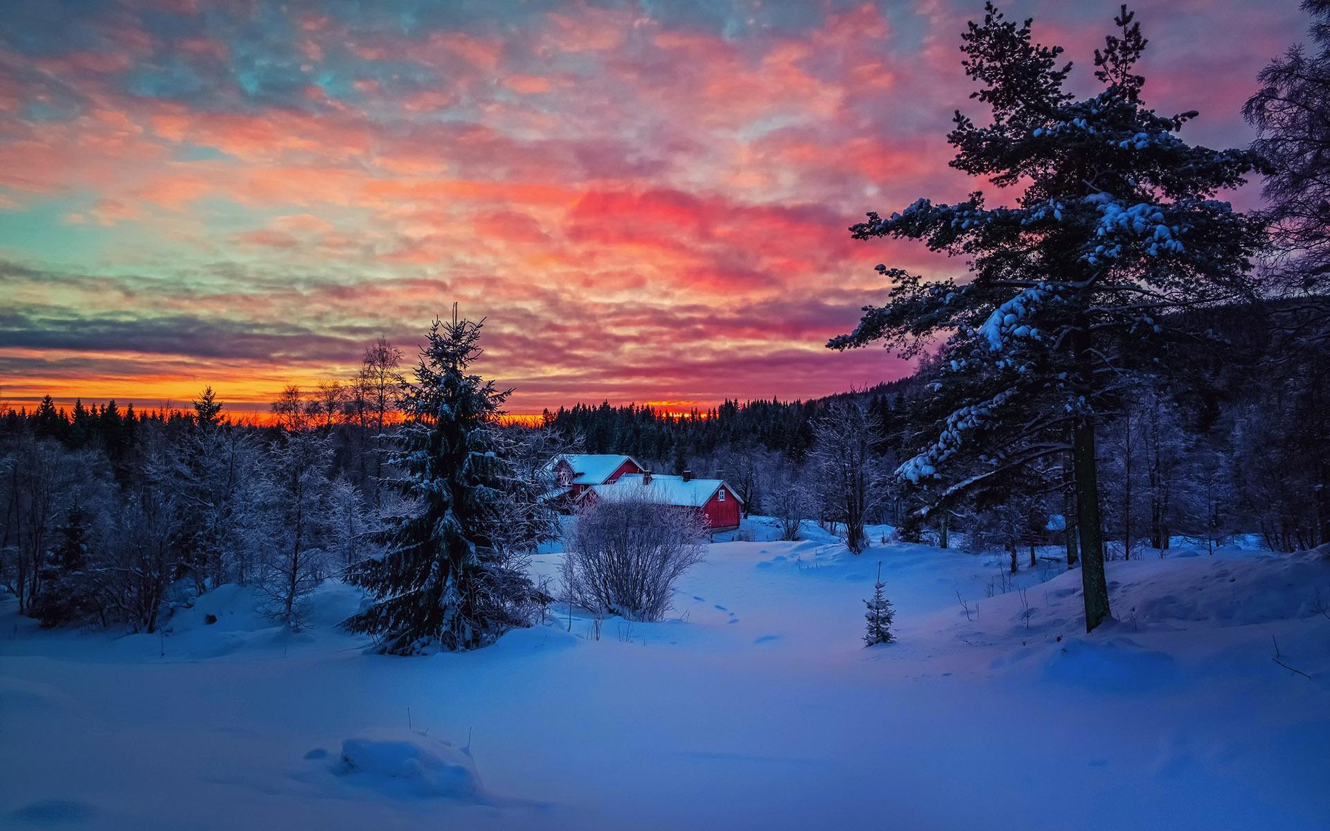 Pink sunset on the white snow HD desktop wallpaper, Widescreen