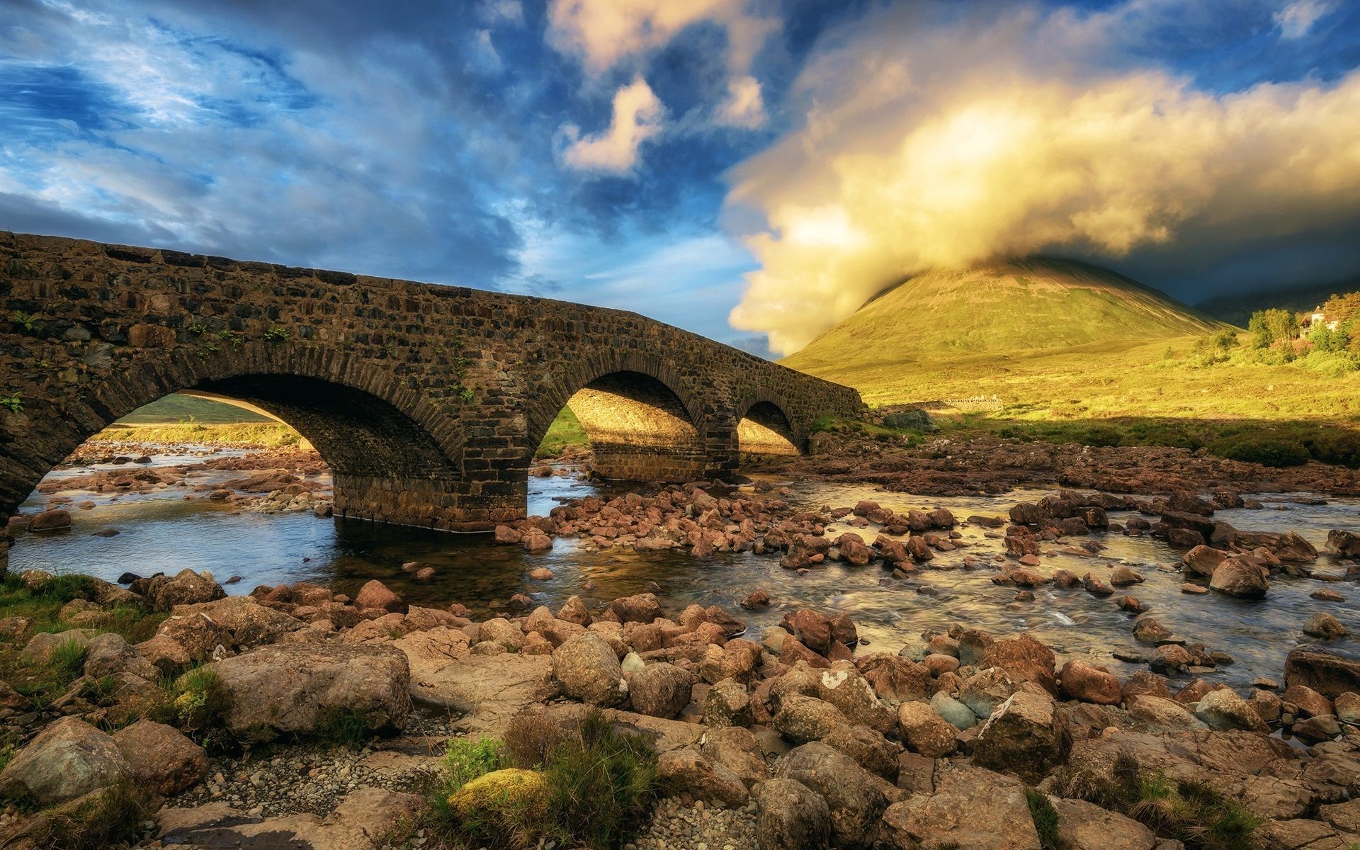 Wallpaper Scotland, Isle of Skye, bridge, stones, clouds 1920x1200