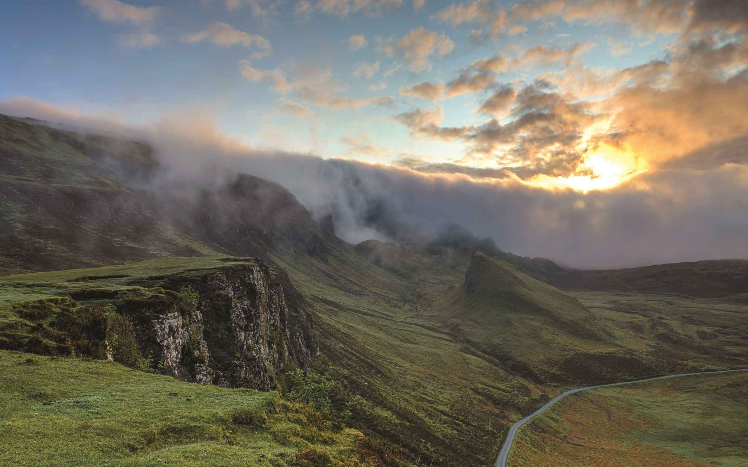 Download 2560x1600 Isle Of Skye, Scotland, Clouds, Sunset, Hills, Grass, Road Wallpaper for MacBook Pro 13 inch