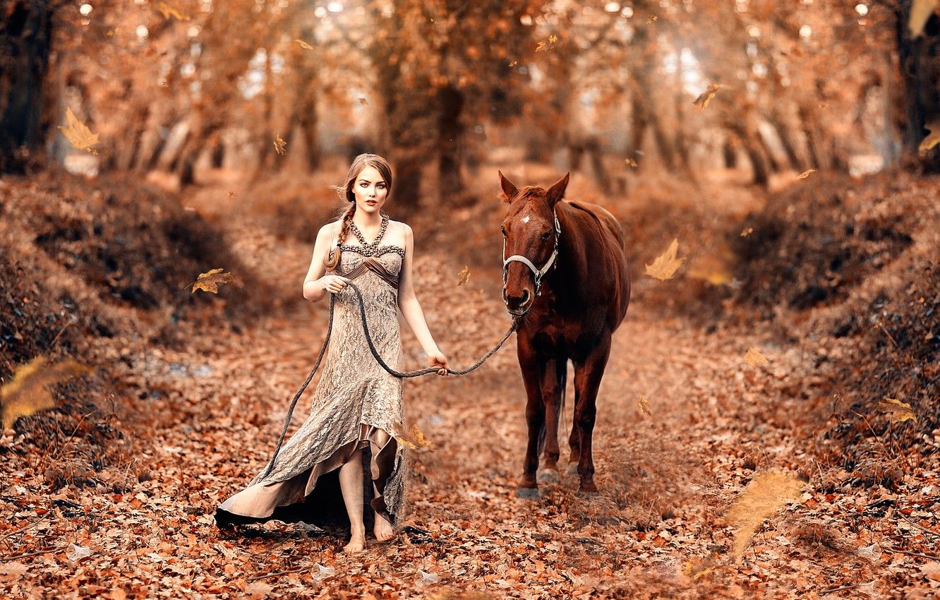 Wallpaper autumn, leaves, girl, horse, Fairy tale, Alessandro Di
