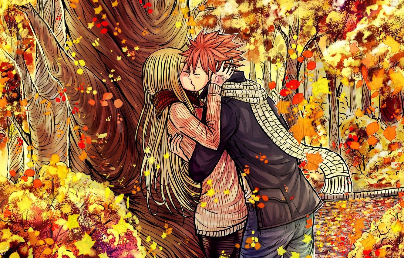 Wallpaper autumn, romance, anime, pair, Fairy Tail, Fairy tail