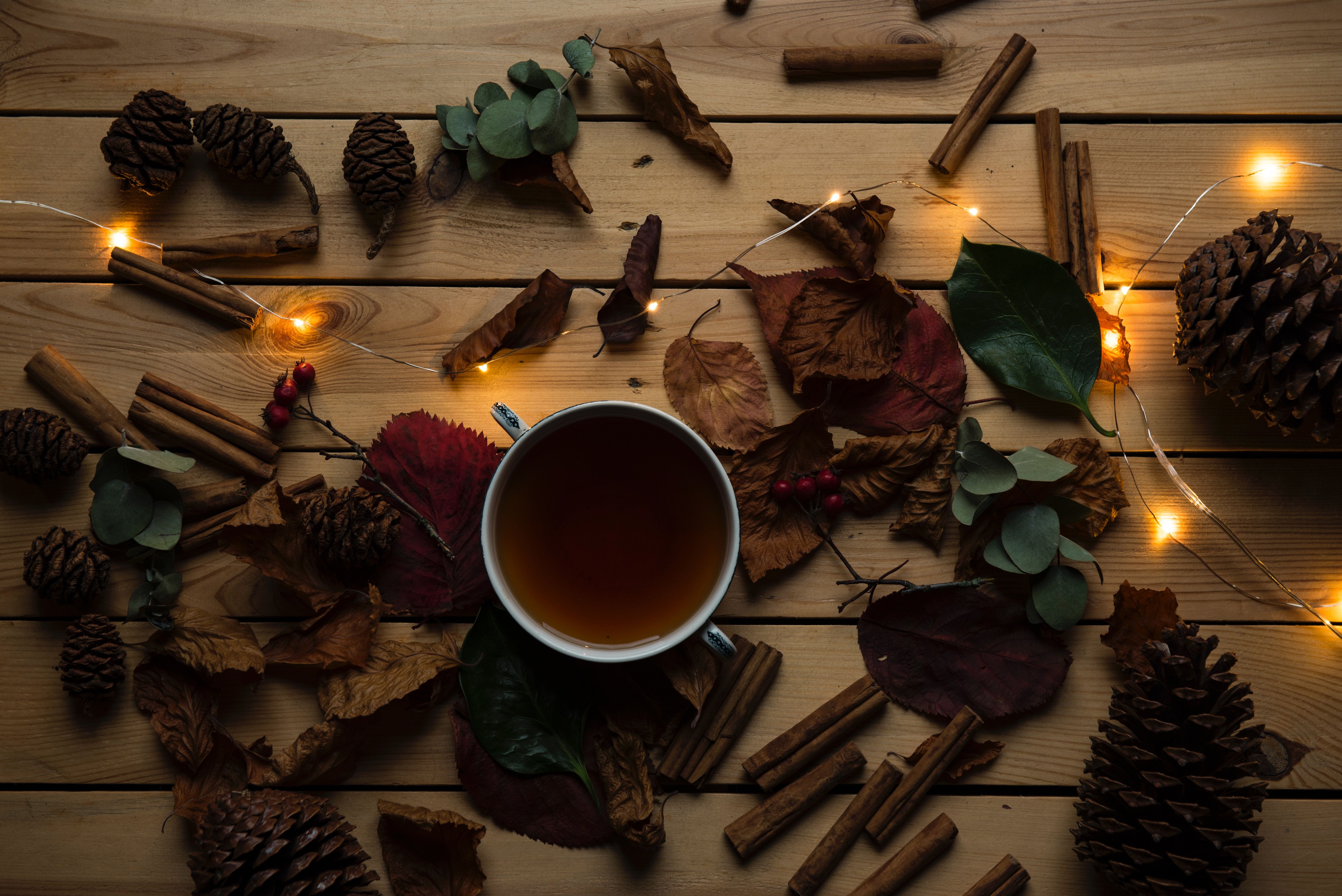 6016x4016 #tea, #pine cone, #leafe, #flatlay, #autumn