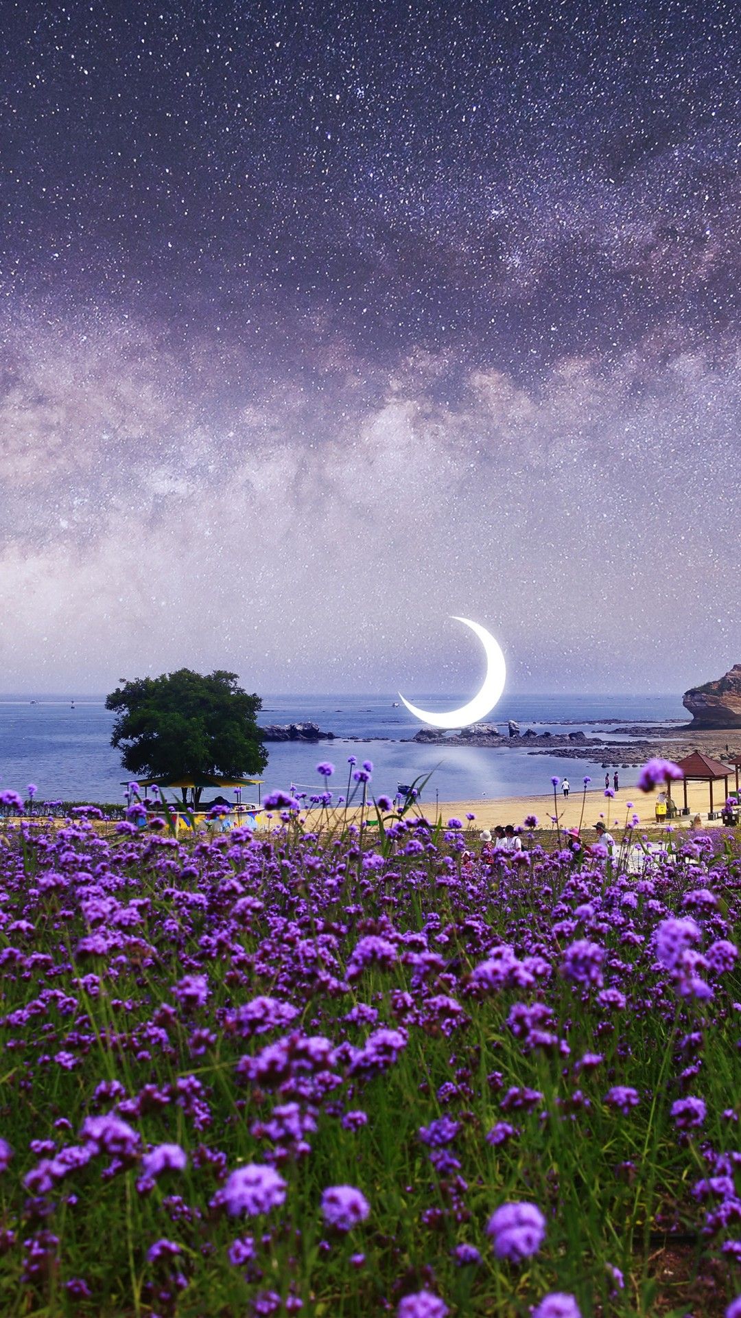Surreal Moon Scenery Purple Flowers Wallpaper