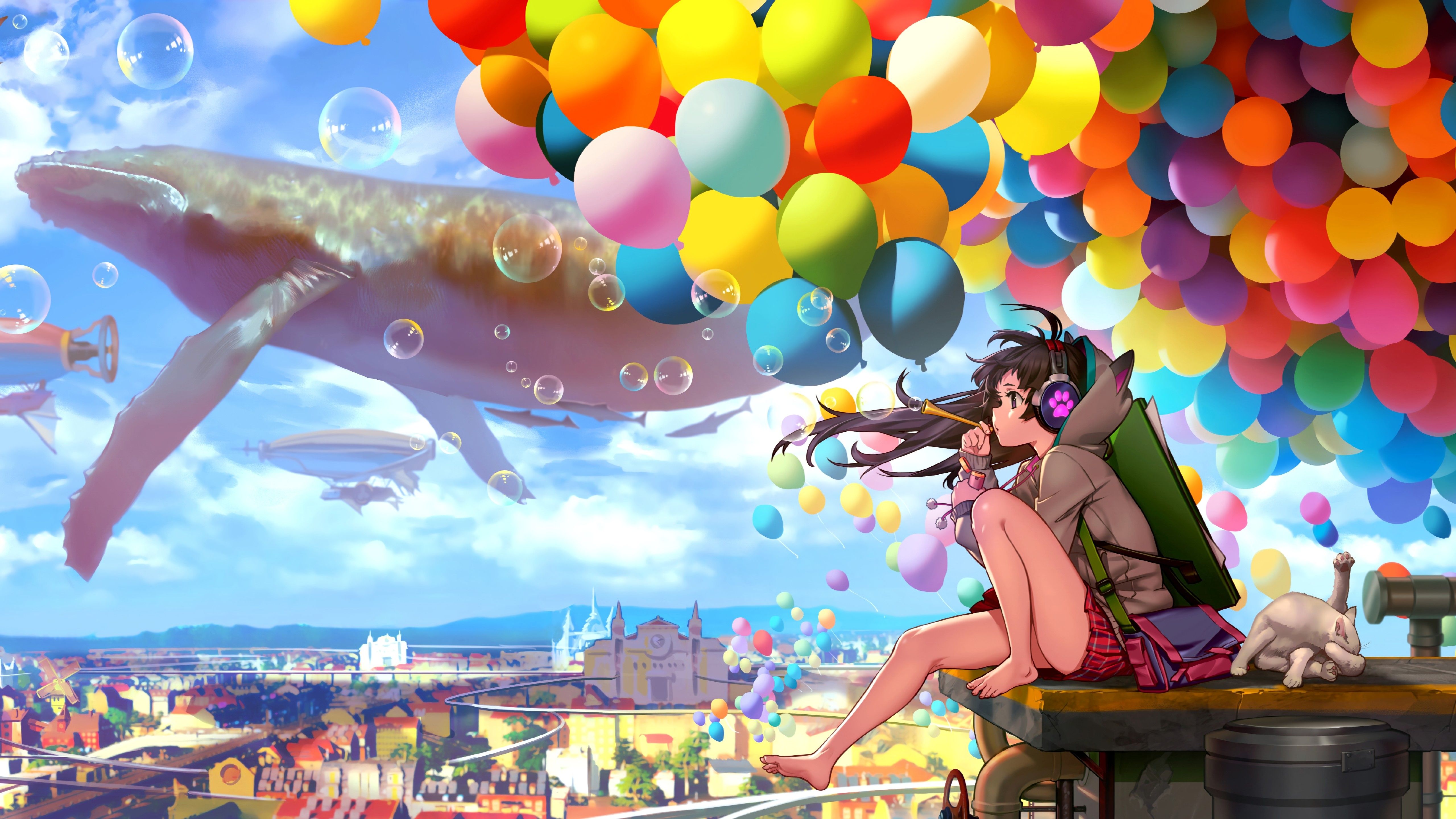 Colorful City Anime Girl Blowing Bubbles 5k HD 4k