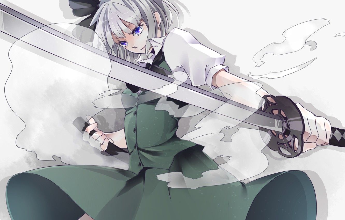Wallpaper girl, weapons, katana, dress, sword, bow, white hair