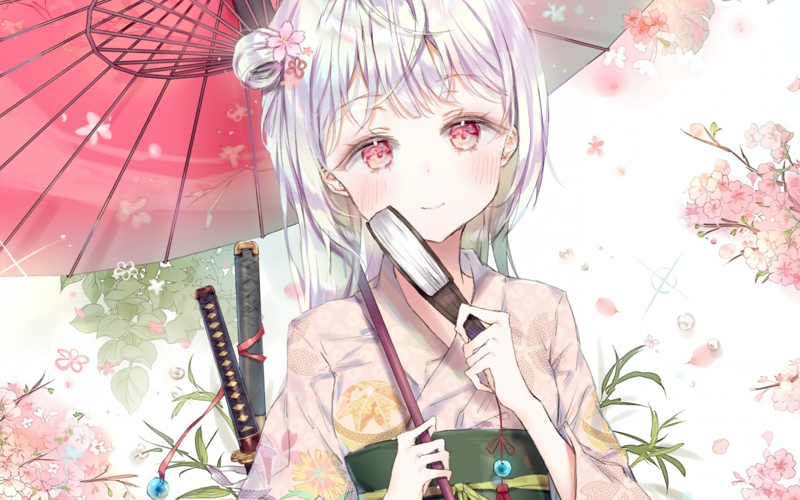 Download 2560x1600 Anime Girl, Kimono, White Hair, Umbrella, Pink