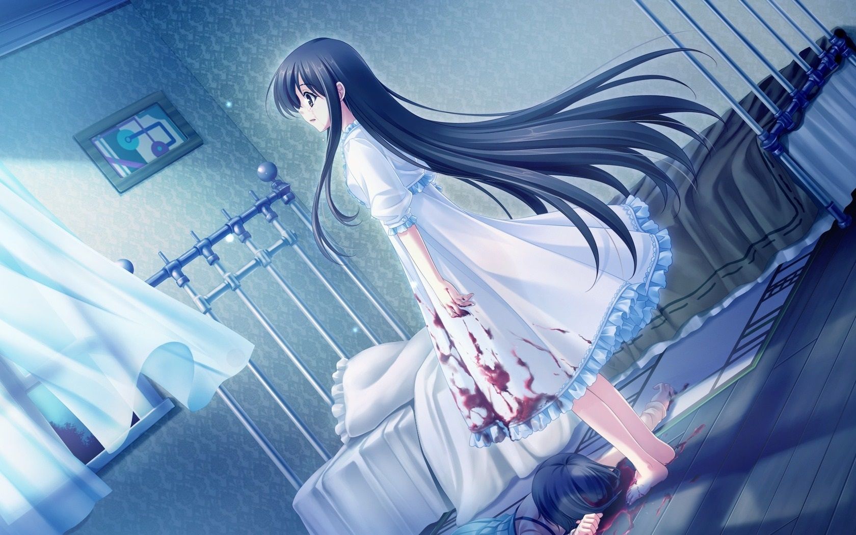 Wallpaper Blue hair anime girl, room, blood 1680x1050 HD Picture