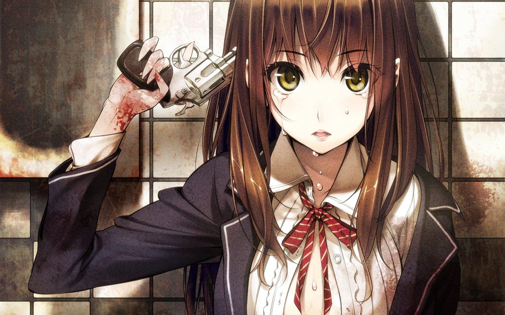 Girl weapon revolver tie blood anime wallpaperx1050