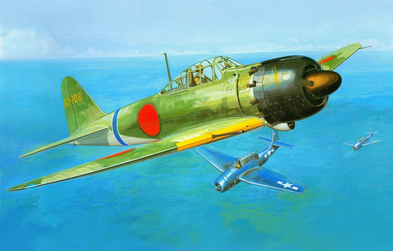Wallpaper the sky, the ocean, war, fighter, Mitsubishi, Art