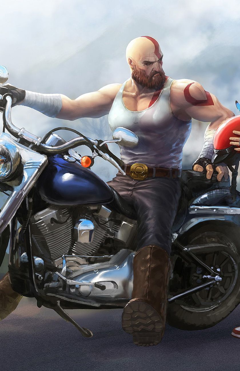 Download 840x1336 wallpaper god of war, kratos, bike ride, fan art