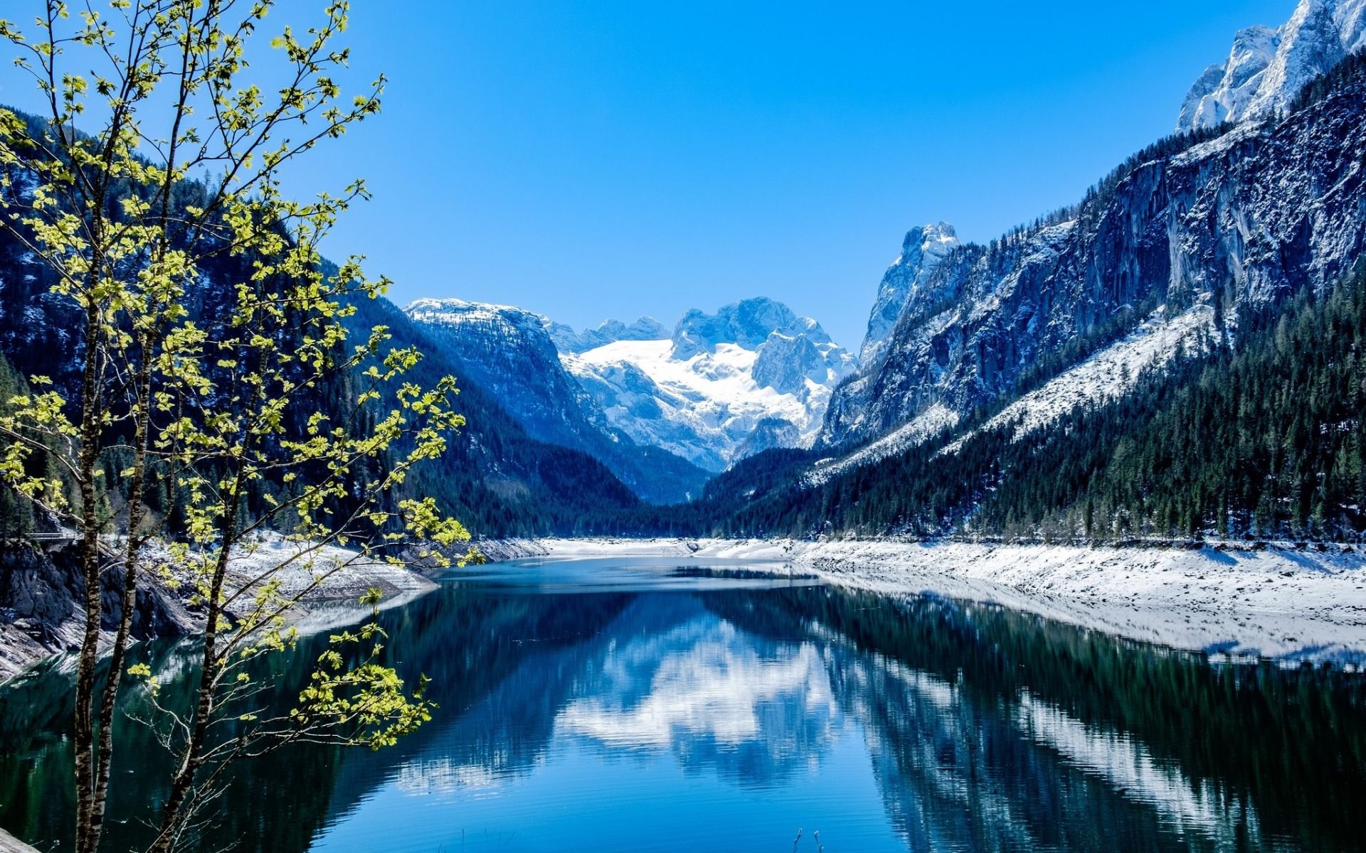 Download Wallpaper Mountain Lake, Spring, Mountains, Snow Capped