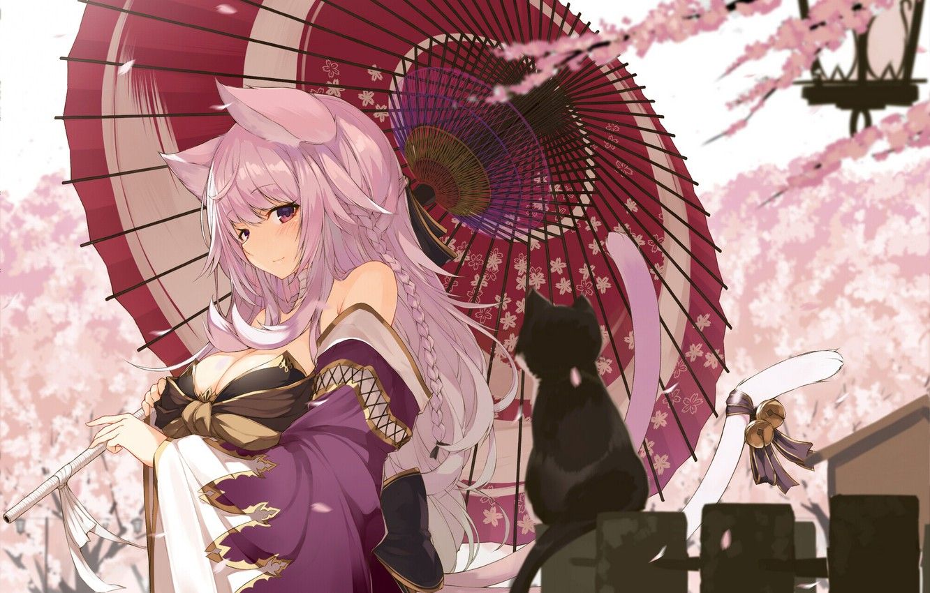 Wallpaper girl, spring, umbrella, anime, art, neko, kitty image for desktop, section арт