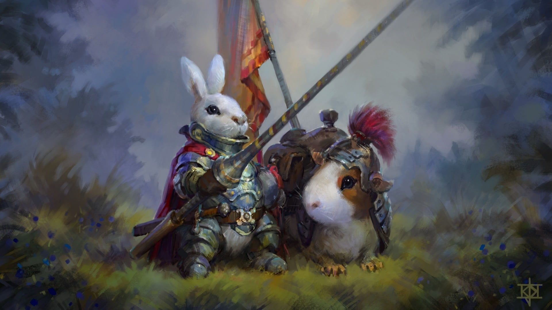 Painting of rabbit and guinea with solder suits HD wallpaper