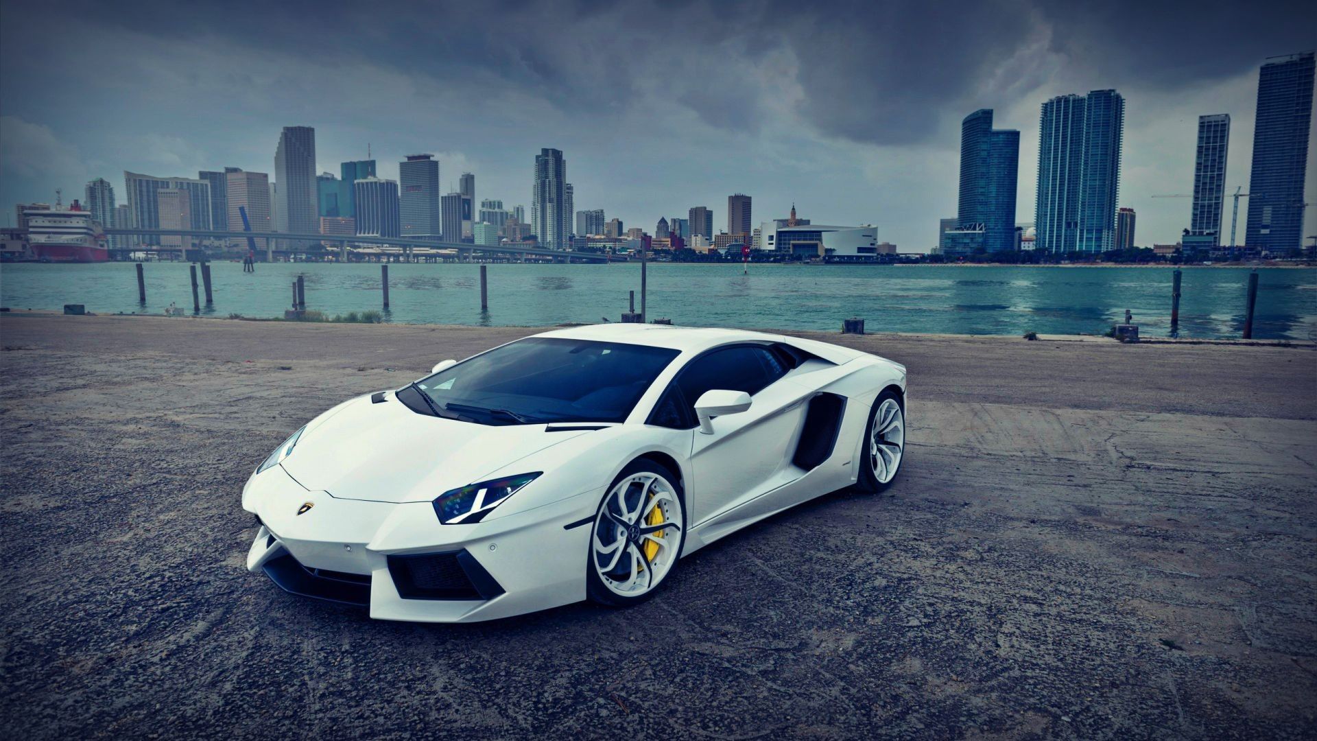 #car, #Lamborghini Aventador, #white cars, #cityscape