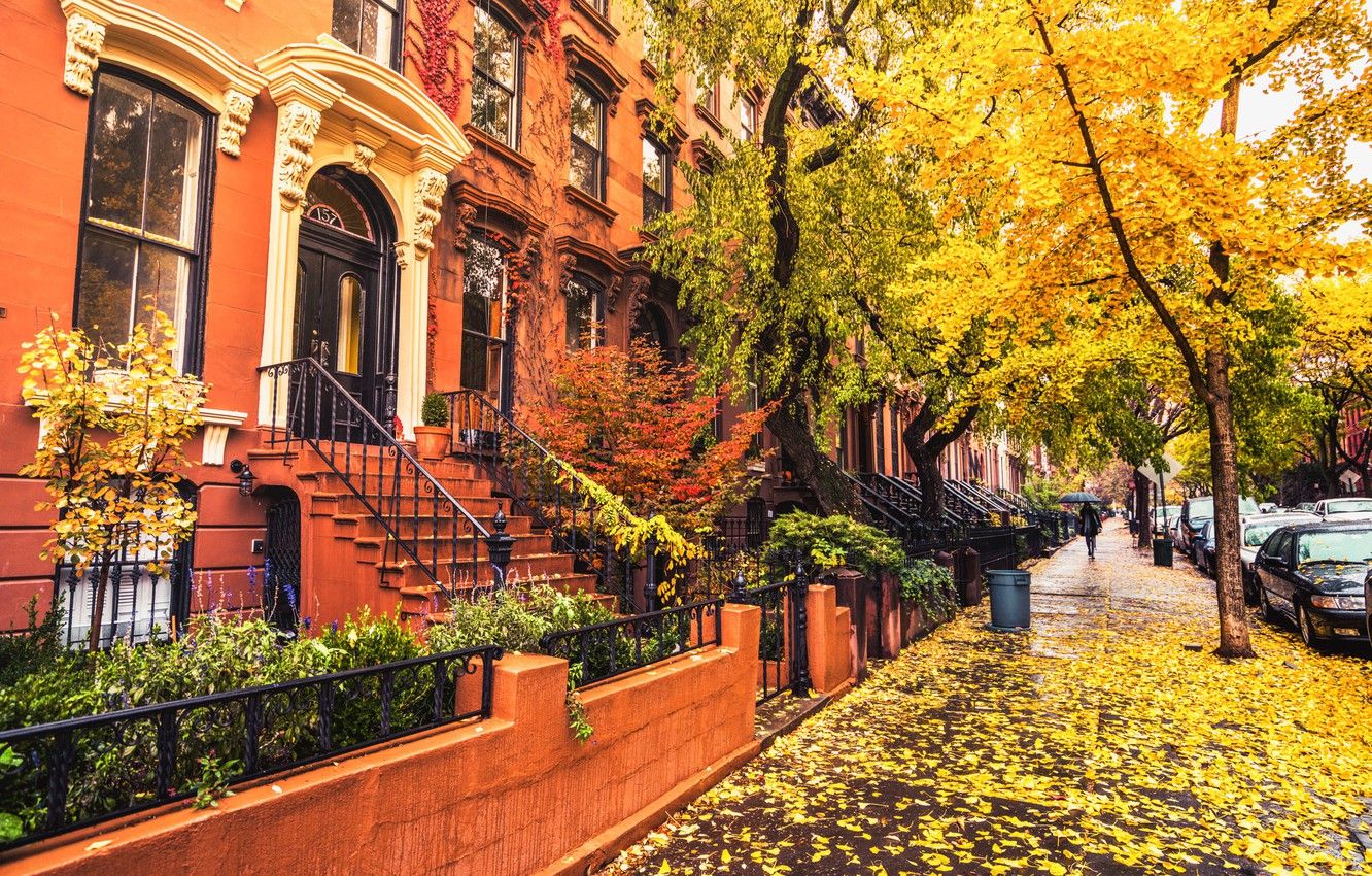 Wallpaper autumn, leaves, girl, trees, umbrella, street, foliage
