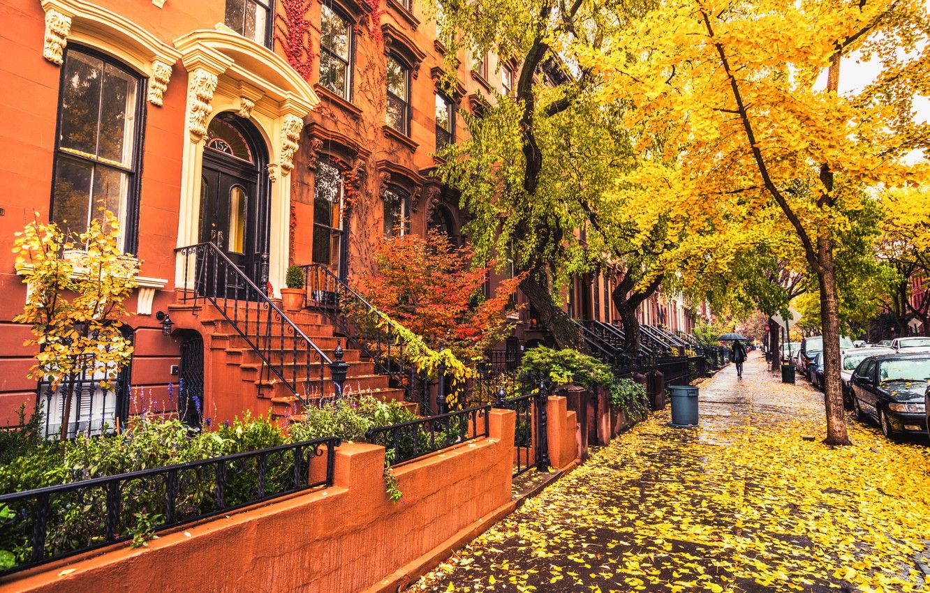 Wallpaper autumn, leaves, girl, trees, umbrella, street, foliage, New York, Brooklyn, the sidewalk, cars, United States Of America, ferruginous sandstones, townhouse image for desktop, section город