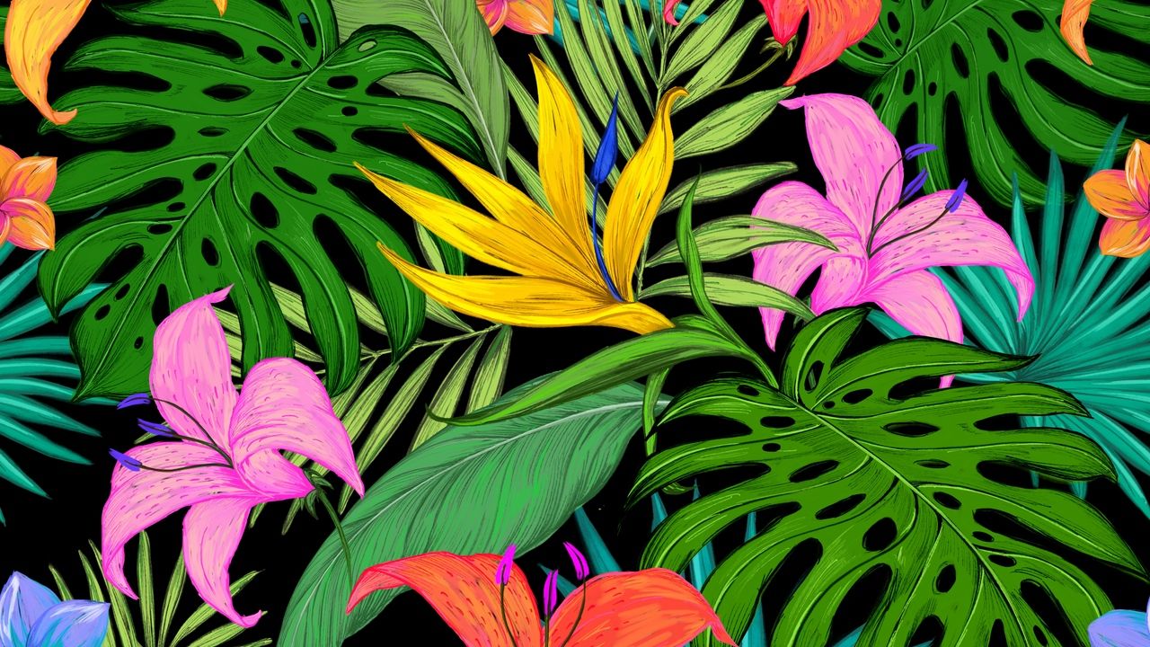 Download wallpaper 1280x720 pattern, tropical, flowers, leaves