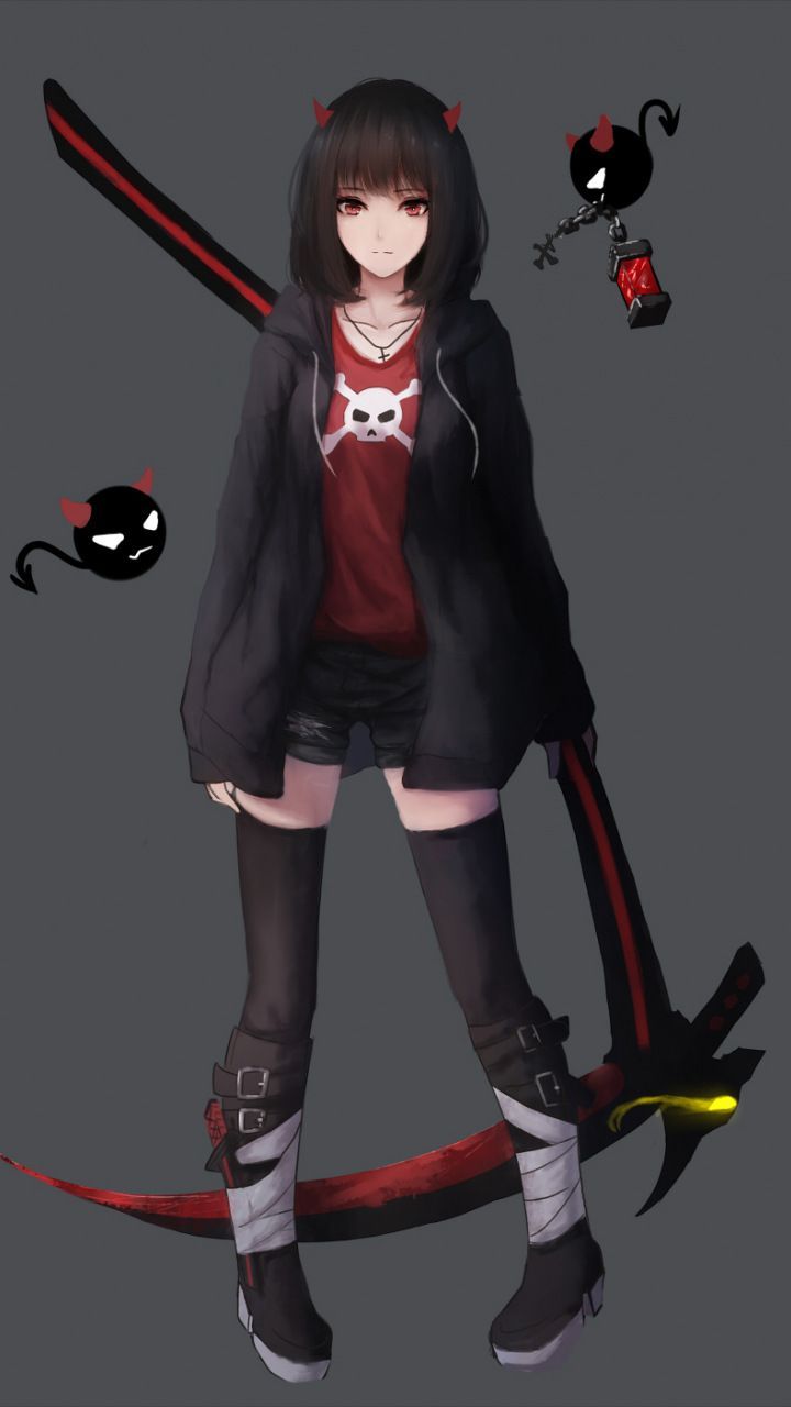 Minimal, anime girl, red eyes, 720x1280 wallpaper. Gadis animasi